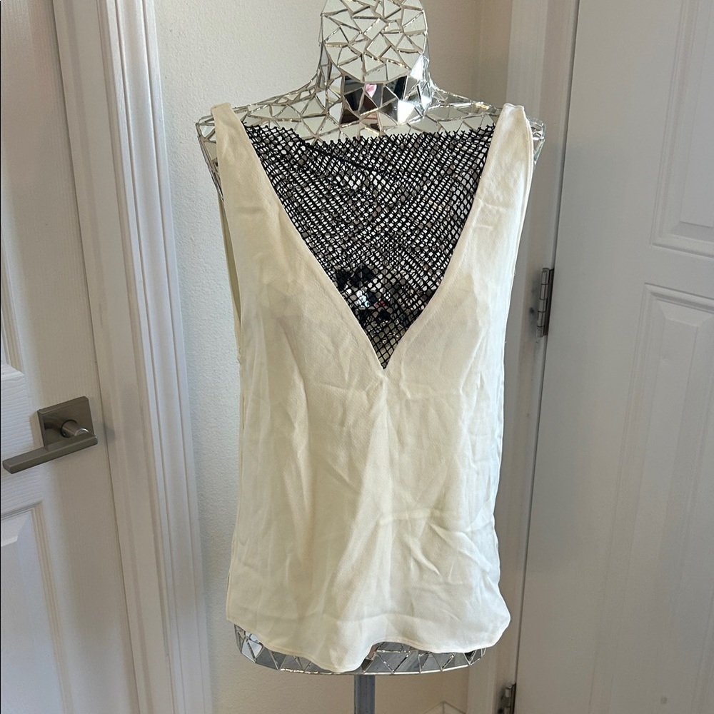 Massimo Dutti Cream Black Crystal Silk V-Neck Tank Top